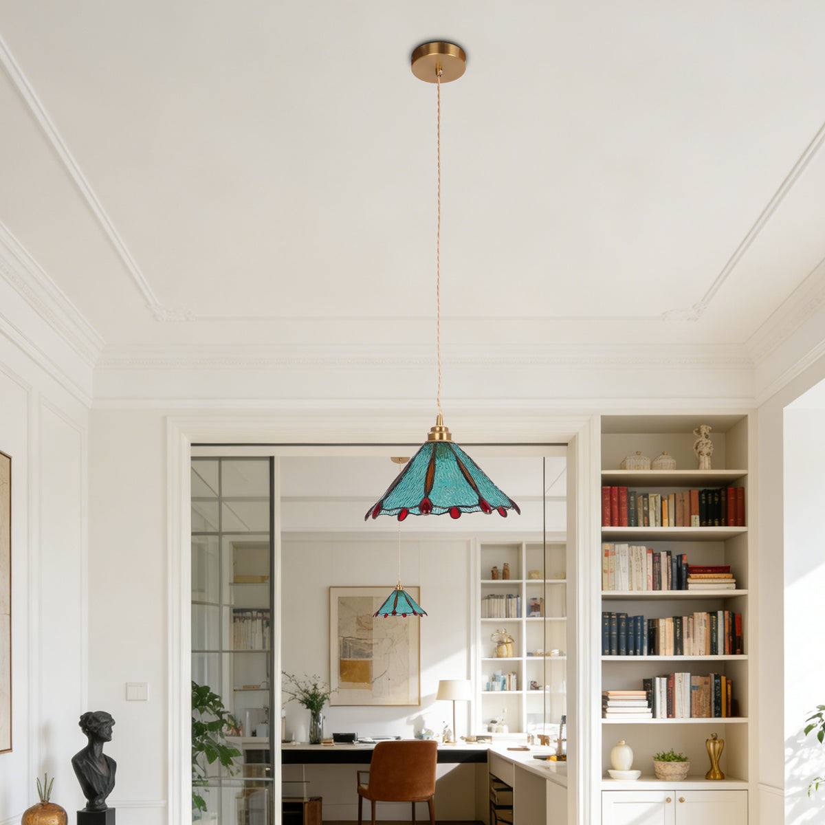 Stained Glass Pendant Light, Turquoise & Red Decorative Hanging Lamp with Adjustable Cord, Copper Finish Ceiling Fixture for Kitchen Island Dining Room Bedroom (E26 Base Compatible)