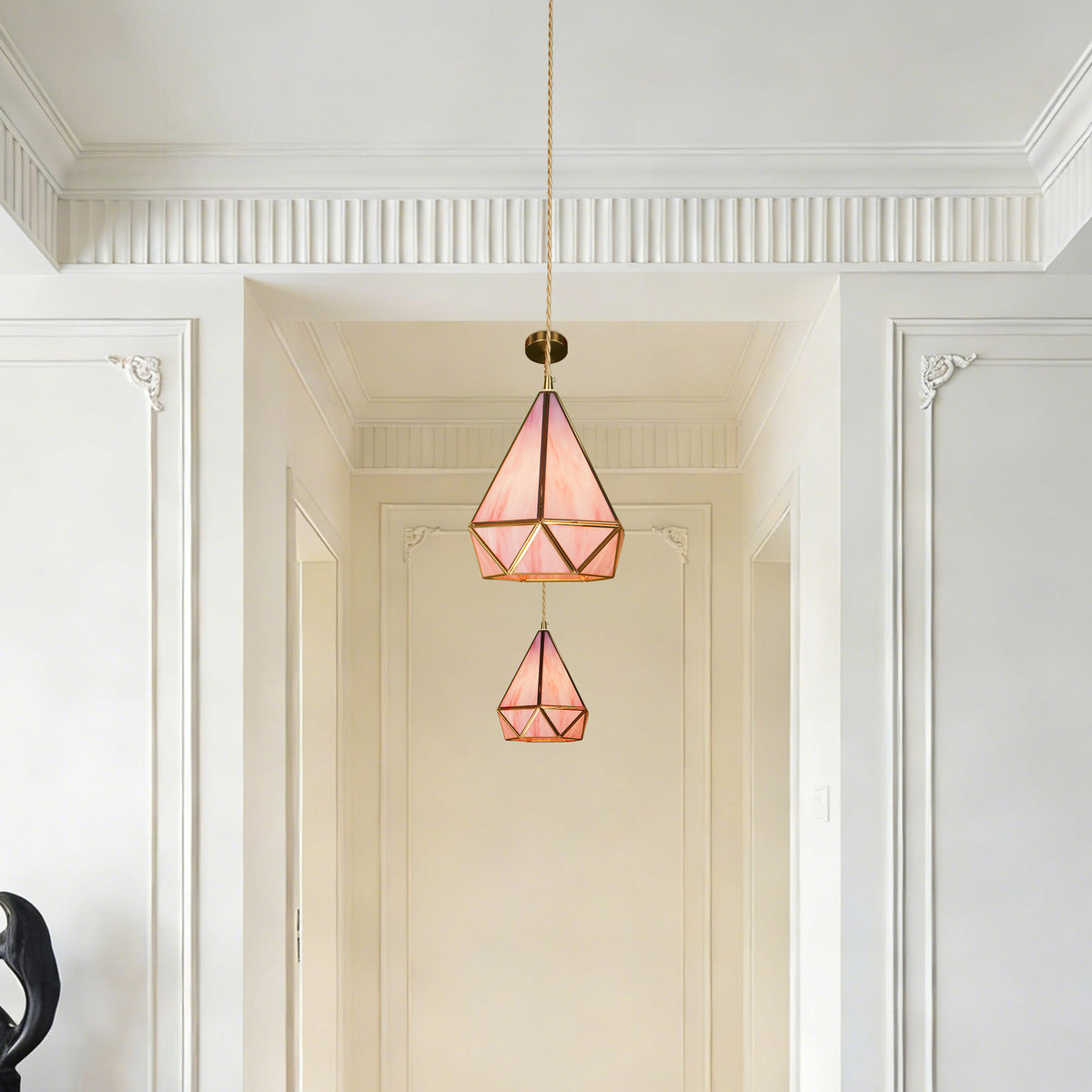 Pink Geometric Stained Glass Mini Pendant Light, 1-Light Copper Fixture, Adjustable 74" Cord, E14 3-Color Bulb Included