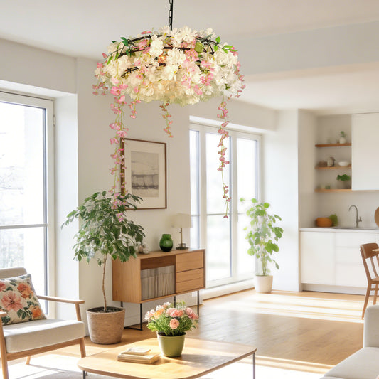 Artificial Cherry Blossom Wisteria Chandelier | 3-Light E26 Adjustable Floral Pendant Light