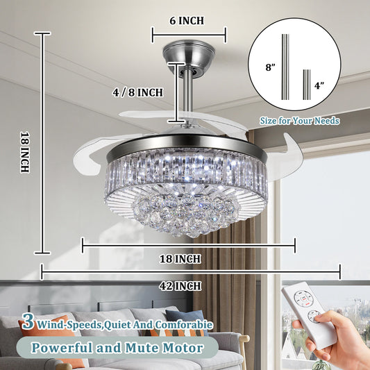 42-inch brushed nickel retractable crystal ceiling fan with 18-inch light fixture and remote control
