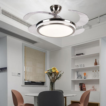 A silver fan chandelier with transparent retractable blades around its translucent central LED shade.