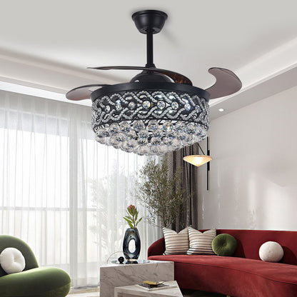 Black retractable fan chandelier showing transparent ABS blades and layered heart-shaped crystals.