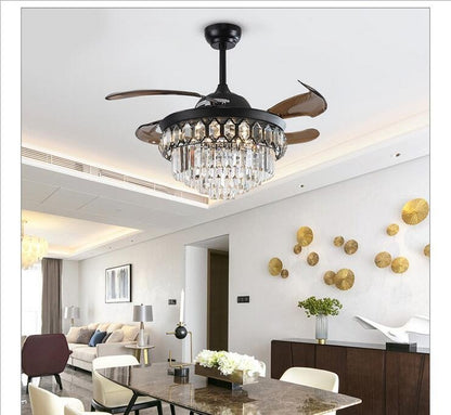42-inch black four-tier crystal retractable ceiling fan with LED light and brown ABS blades.