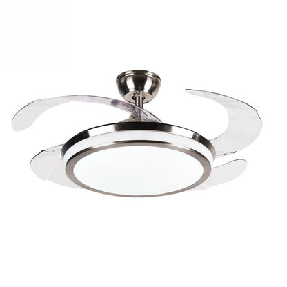 The silver ceiling fan combines transparent blades and a LED light fixture.