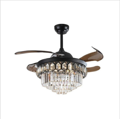 42-inch black retractable fan chandelier highlighting layered crystal accents and LED lighting.