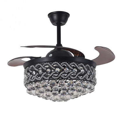 42-inch crystal ceiling fan shown front-on with black housing and five-tier decorative light.