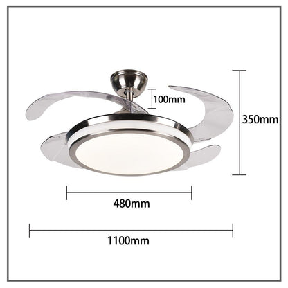 A silver ceiling fan featuring a LED light fixture beneath its fan blades.