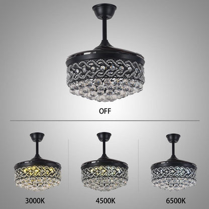 Five-tier crystal retractable ceiling fan with three-color LED lighting in a black finish.