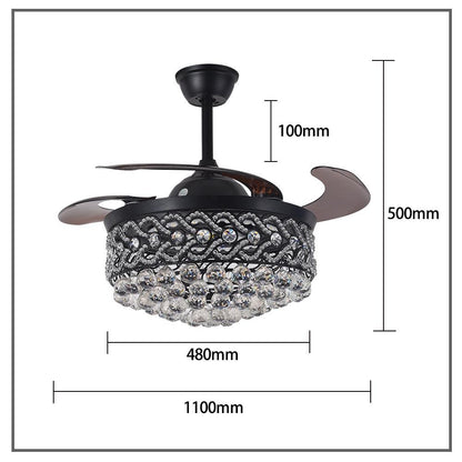 42-inch black retractable ceiling fan installed with crystal light and remote-controlled features.
