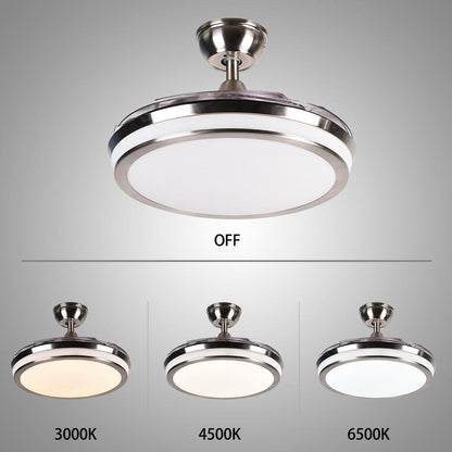 A view of the silver ceiling fan, with transparent blades above its LED light fixture.
