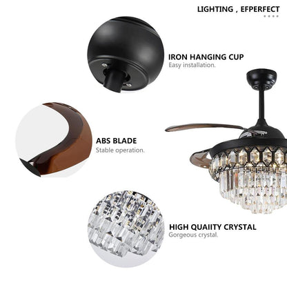Black retractable ceiling fan feature graphic highlighting three-color LED lighting.