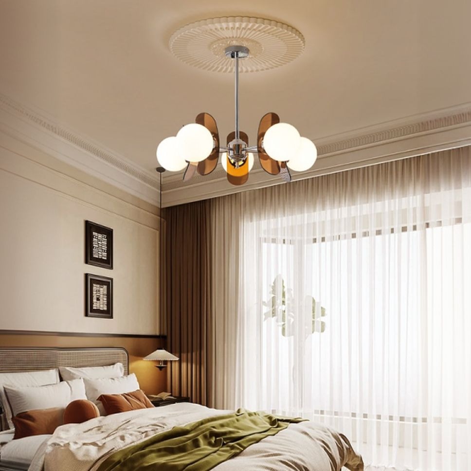 5 Lights Chandelier Light with Ambient Chalk Vitreous Lampshade, Downrods Mounting & Adjustable Height, Orange, 220V-240V DS-SQ34