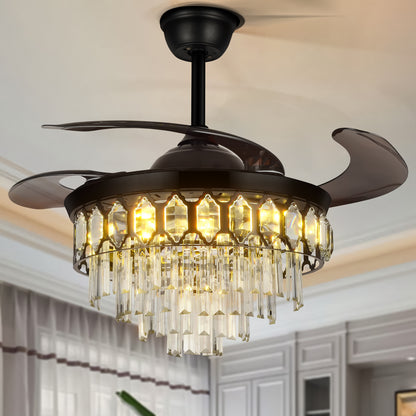 Retractable ceiling fan with brown ABS blades, black housing, and four-tier crystal light.