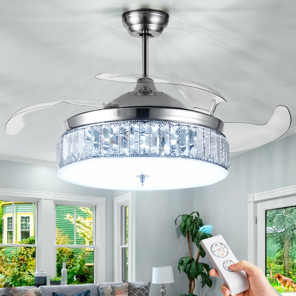 36" Silver Crystal Fan Chandelier DS-LN106