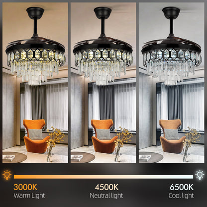 42-inch retractable fan chandelier showing black finish, brown blades, and crystal light.