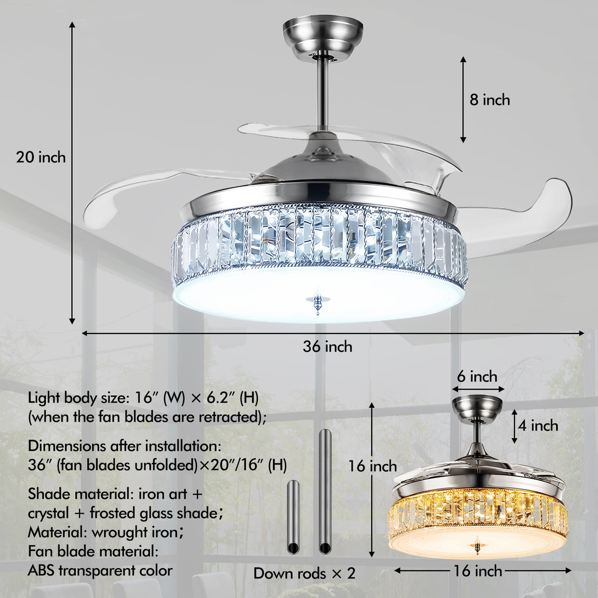 36" Silver Crystal Fan Chandelier DS-LN106