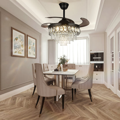 42-inch black crystal ceiling fan shown in an installed room view with retractable blades.