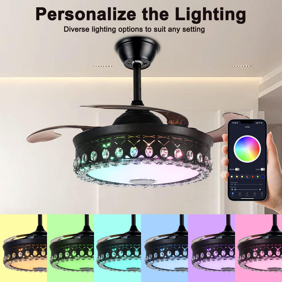 42" Black Living Room Invisible Ceiling Fan with Light DS-FH45