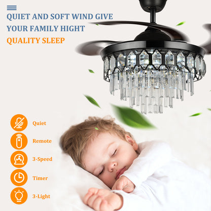 Four-tier crystal ceiling fan in black with retractable blades shown in an interior setting.