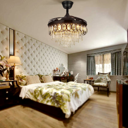 Four-tier crystal ceiling fan detail highlighting layered crystals and black metal finish.
