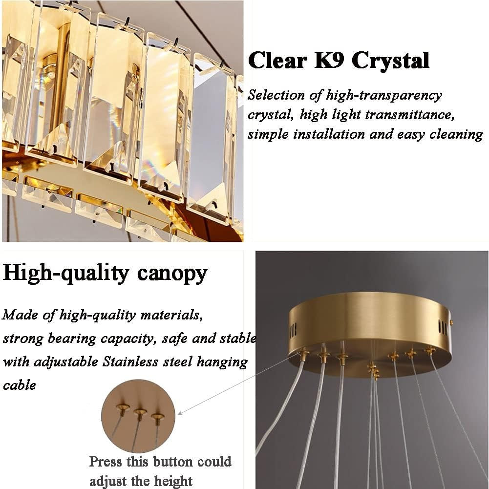 Modern Crystal Chandelier, 3 Rings LED Gold Pendant Light DIY Contemporary Adjustable Stainless Steel Hanging Ceiling Light Fixture