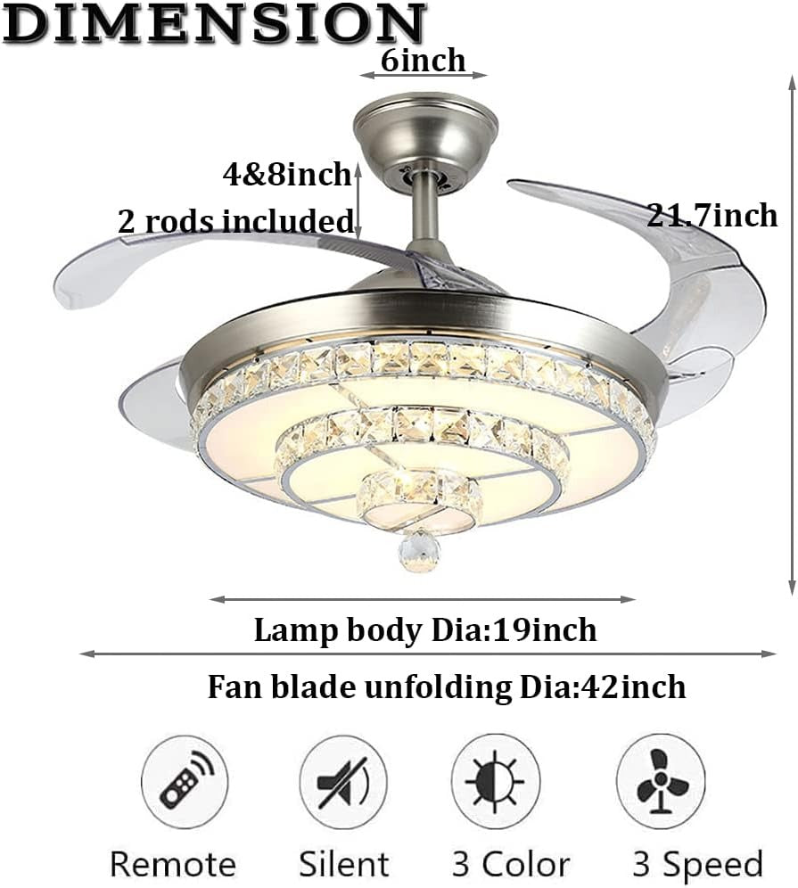 42 inch Modern Crystal Ceiling Fans Lights with Remote, Retractable Crystal Chandelier Ceiling Fan Lights
