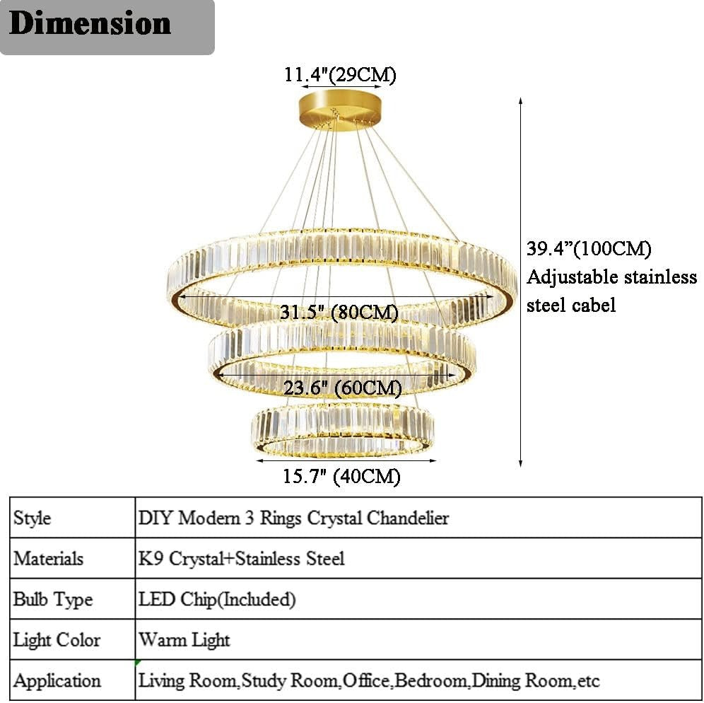 Modern Crystal Chandelier, 3 Rings LED Gold Pendant Light DIY Contemporary Adjustable Stainless Steel Hanging Ceiling Light Fixture