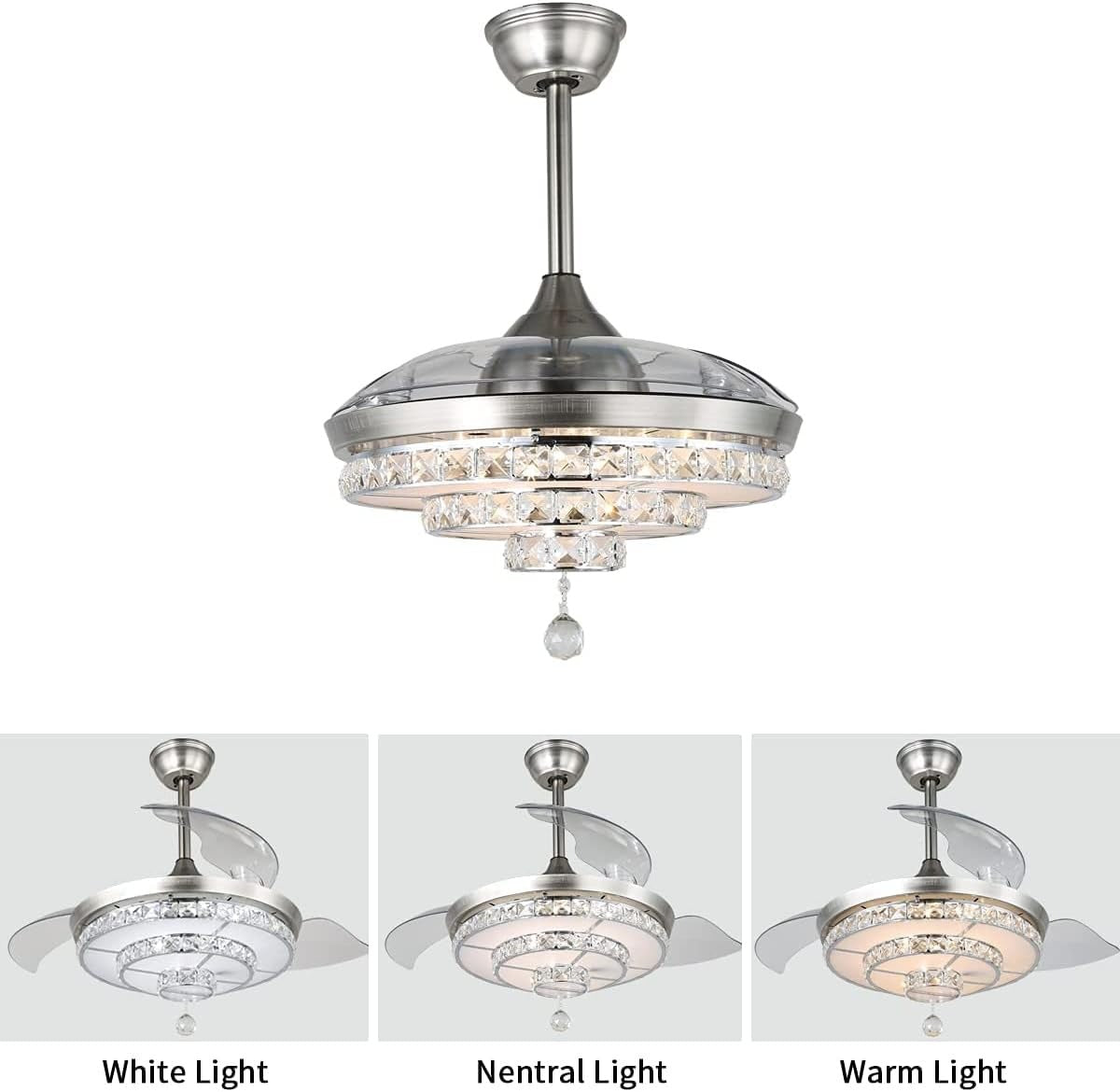 42 inch Modern Crystal Ceiling Fans Lights with Remote, Retractable Crystal Chandelier Ceiling Fan Lights