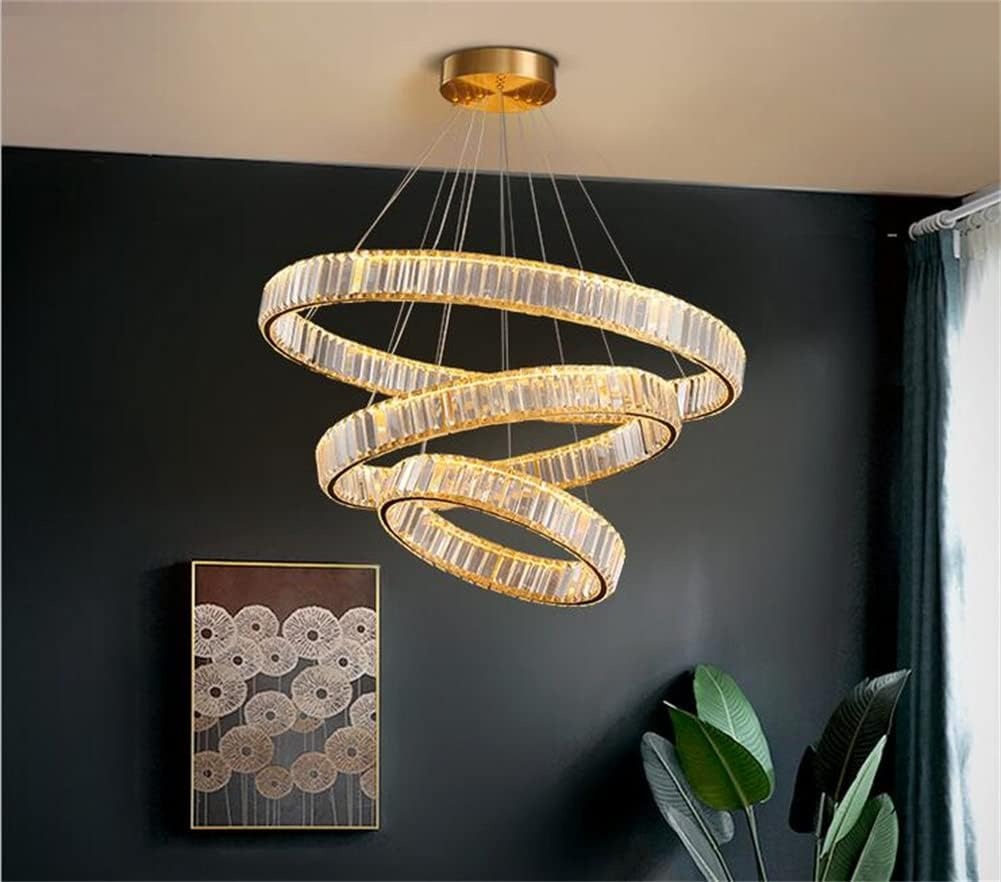 Modern Crystal Chandelier, 3 Rings LED Gold Pendant Light DIY Contemporary Adjustable Stainless Steel Hanging Ceiling Light Fixture