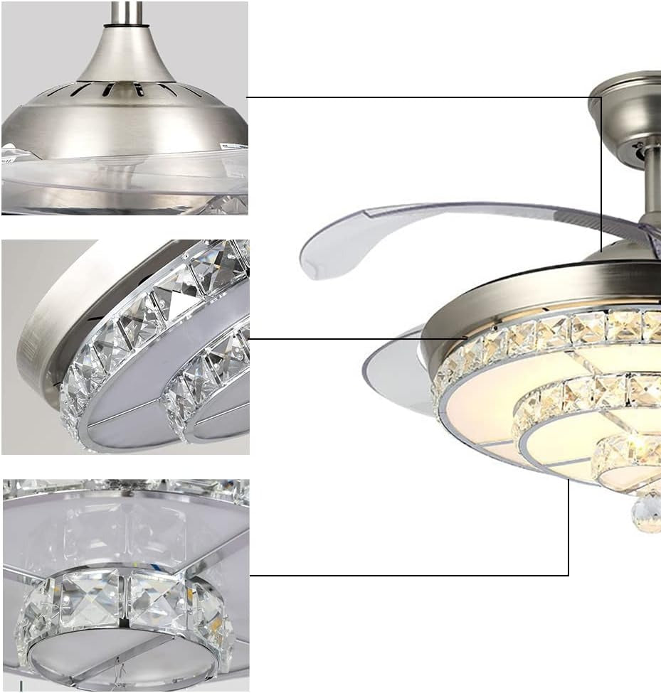 42 inch Modern Crystal Ceiling Fans Lights with Remote, Retractable Crystal Chandelier Ceiling Fan Lights