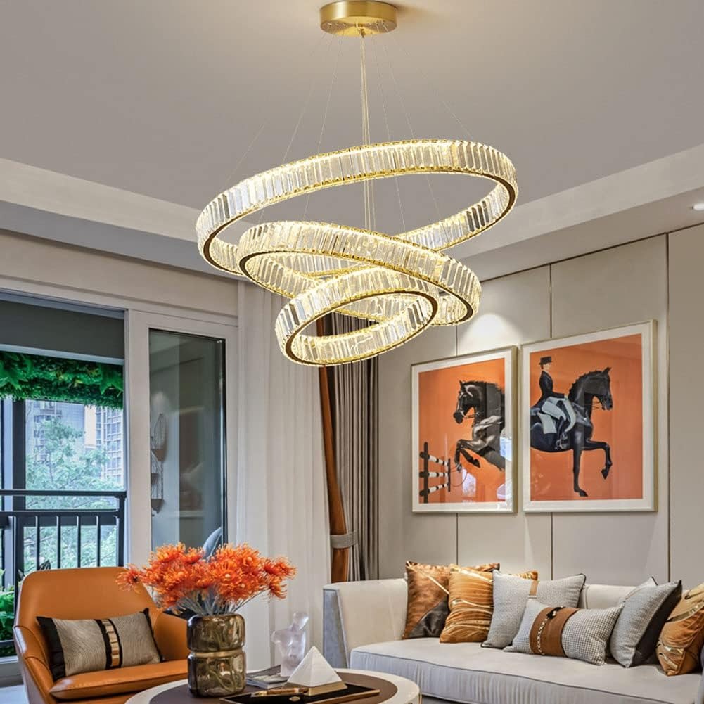 Modern Crystal Chandelier, 3 Rings LED Gold Pendant Light DIY Contemporary Adjustable Stainless Steel Hanging Ceiling Light Fixture