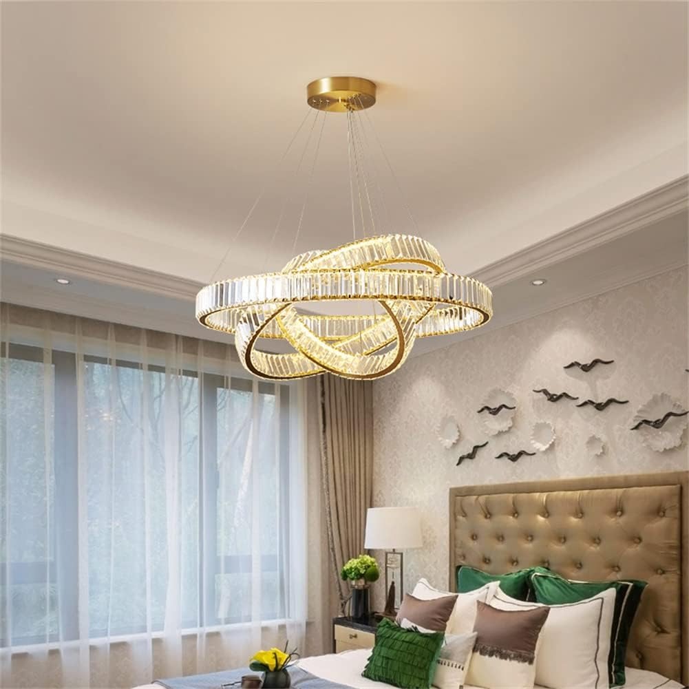 Modern Crystal Chandelier, 3 Rings LED Gold Pendant Light DIY Contemporary Adjustable Stainless Steel Hanging Ceiling Light Fixture