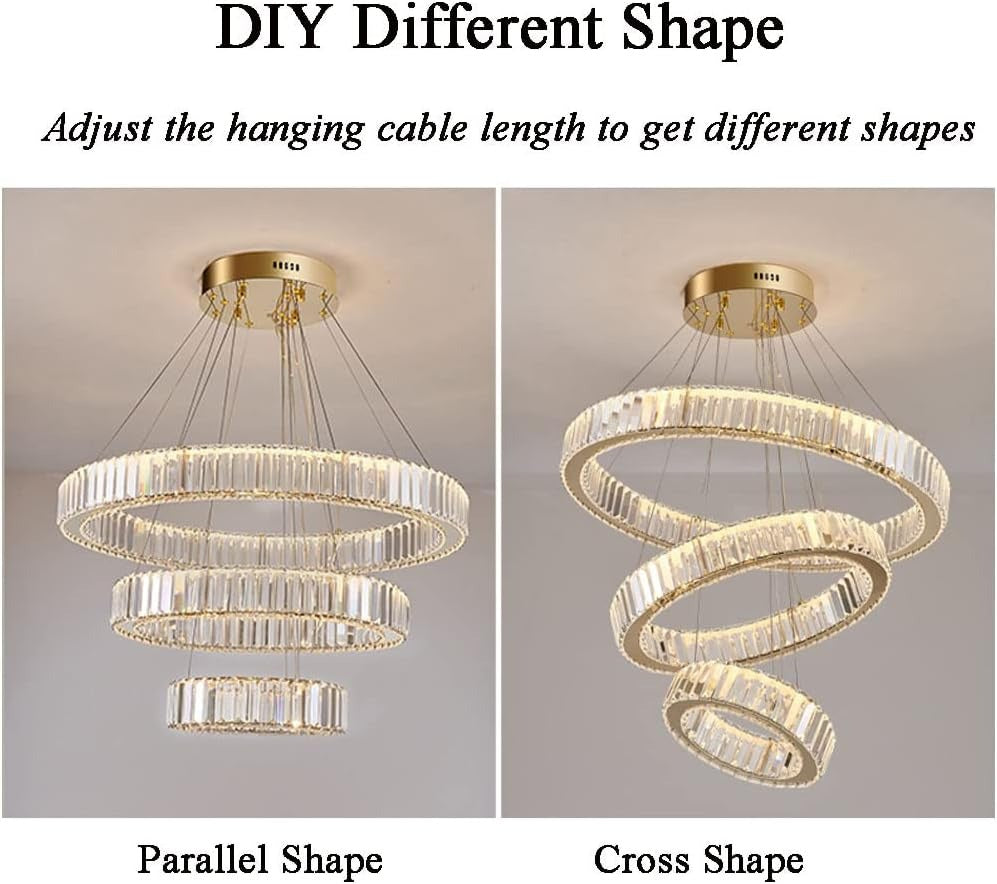 Modern Crystal Chandelier, 3 Rings LED Gold Pendant Light DIY Contemporary Adjustable Stainless Steel Hanging Ceiling Light Fixture