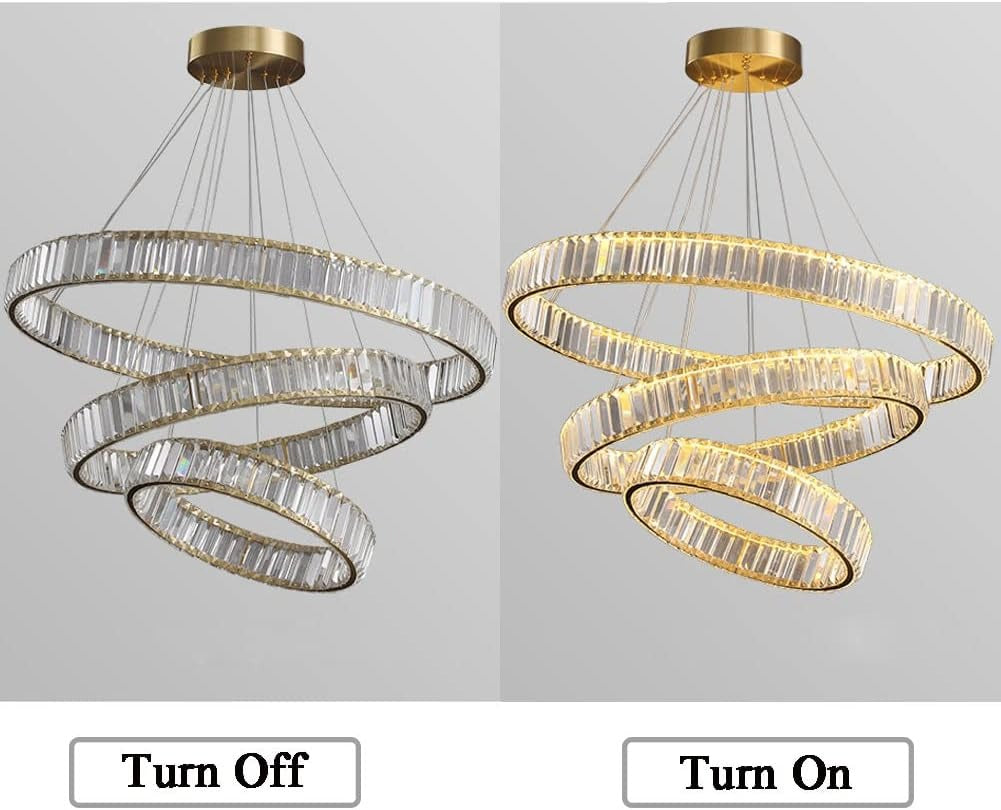 Modern Crystal Chandelier, 3 Rings LED Gold Pendant Light DIY Contemporary Adjustable Stainless Steel Hanging Ceiling Light Fixture