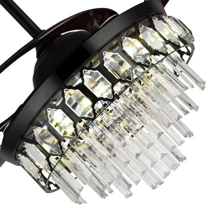 42-inch black crystal fan light shown from below with retractable blades and layered crystals.