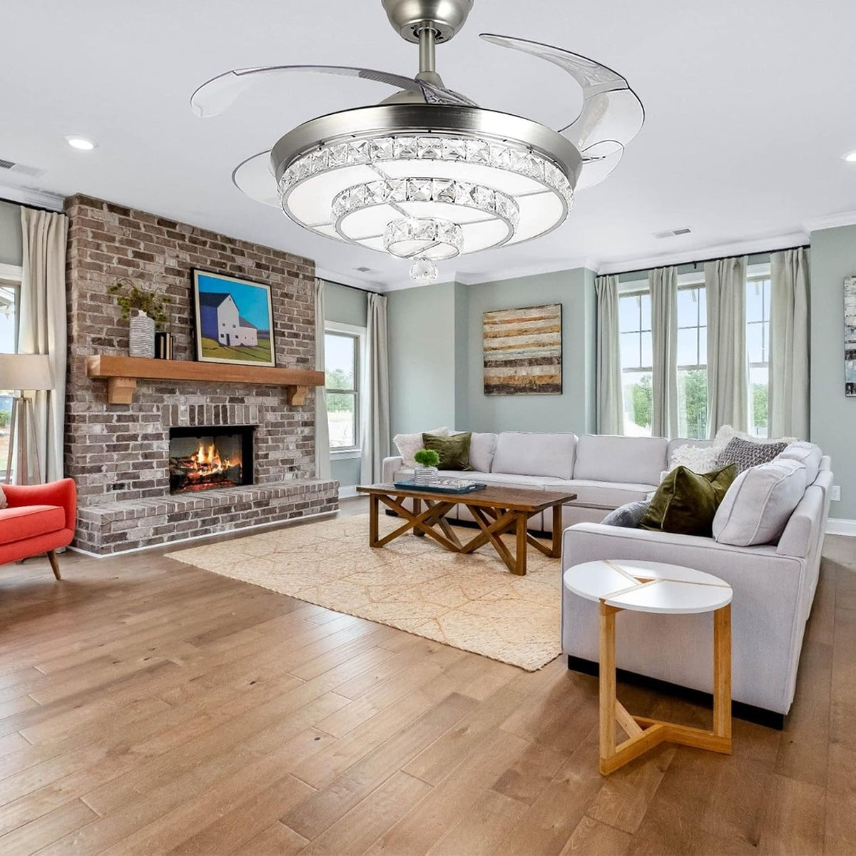 42 inch Modern Crystal Ceiling Fans Lights with Remote, Retractable Crystal Chandelier Ceiling Fan Lights