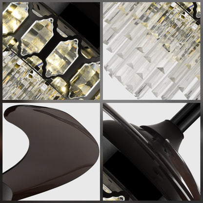 Black retractable ceiling fan feature view with three-color LED light and remote control.