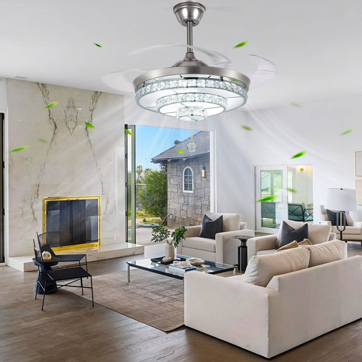 42 inch Modern Crystal Ceiling Fans Lights with Remote, Retractable Crystal Chandelier Ceiling Fan Lights
