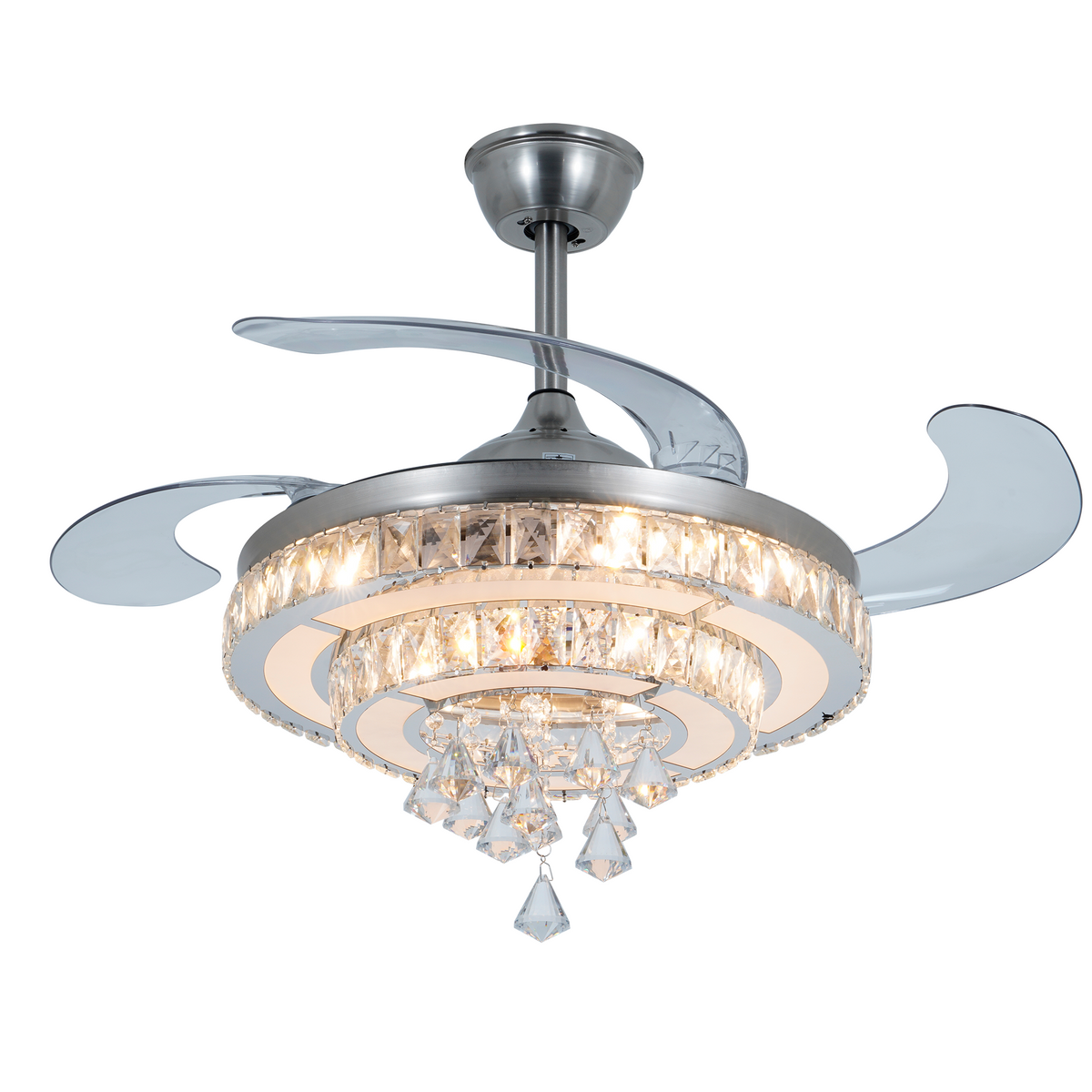 42 inch Modern Crystal Ceiling Fans Lights with Remote, Retractable Crystal Chandelier Ceiling Fan Lights