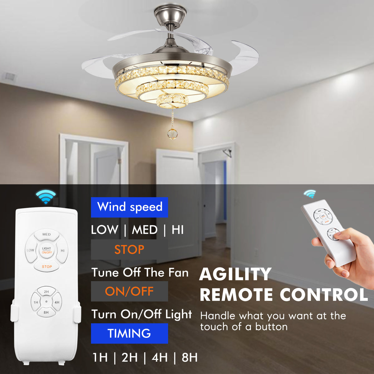 BIGBANBAN Crystal Ceiling Fan with Light and Remote Brush Nickel ELT286