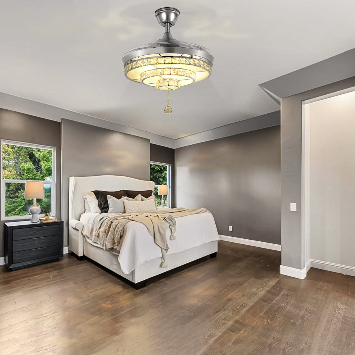 BIGBANBAN Crystal Ceiling Fan with Light and Remote Brush Nickel ELT286