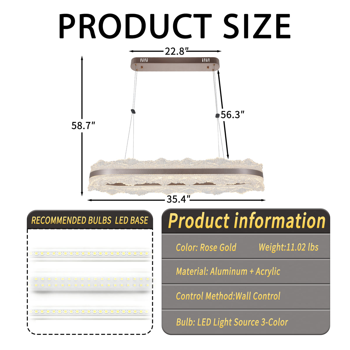 Modern Lace Texture LED Linear Pendant Light - Rose Gold 3-Color Dimmable Chandelier