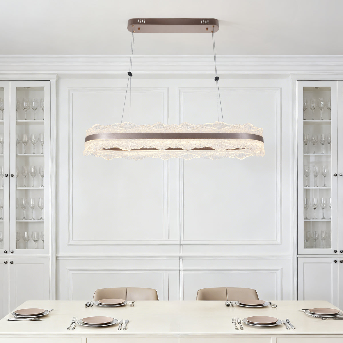 Modern Lace Texture LED Linear Pendant Light - Rose Gold 3-Color Dimmable Chandelier