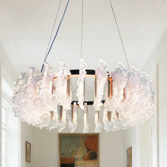 Murano Style Leaf Textured Glass Chandelier, Modern Luxury 3-Color Dimmable Pendant Light with Adjustable