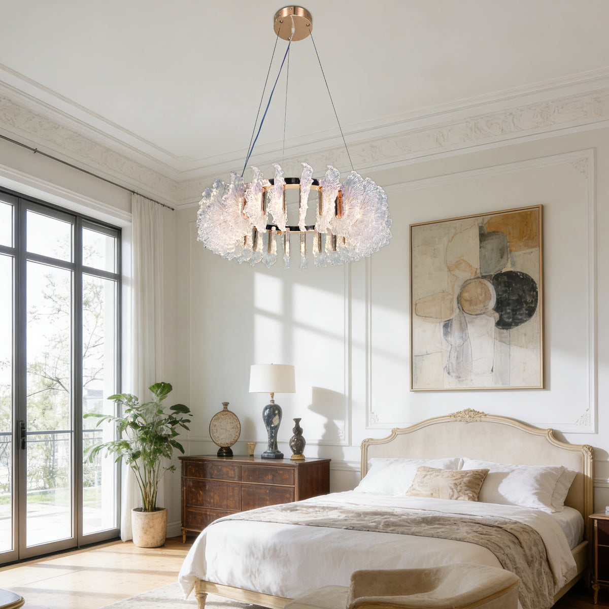 Murano Style Leaf Textured Glass Chandelier, Modern Luxury 3-Color Dimmable Pendant Light with Adjustable