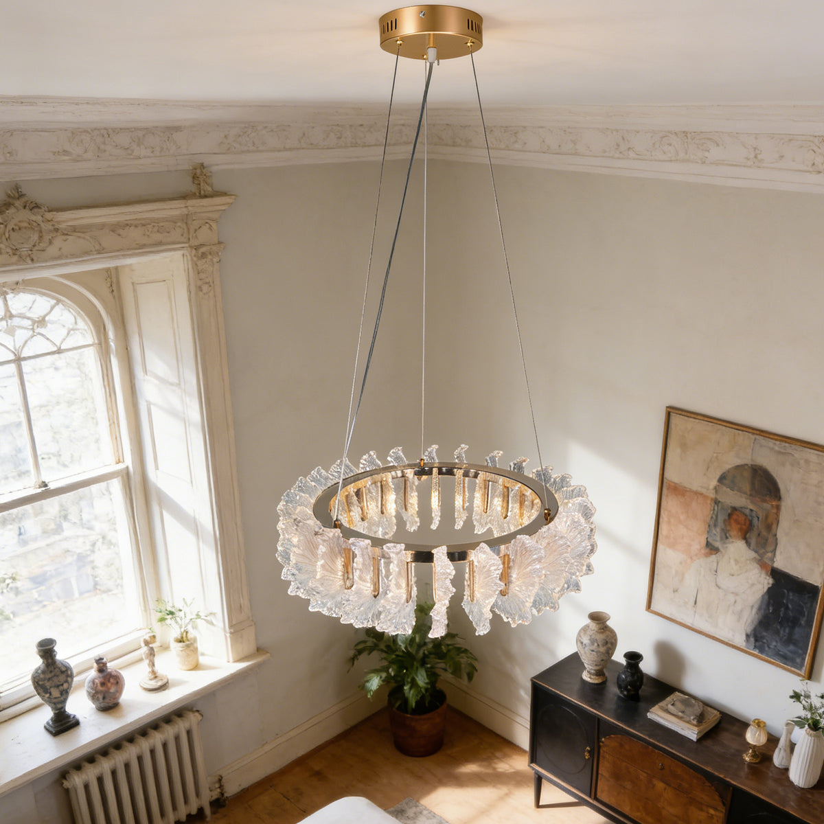 Murano Style Leaf Textured Glass Chandelier, Modern Luxury 3-Color Dimmable Pendant Light with Adjustable