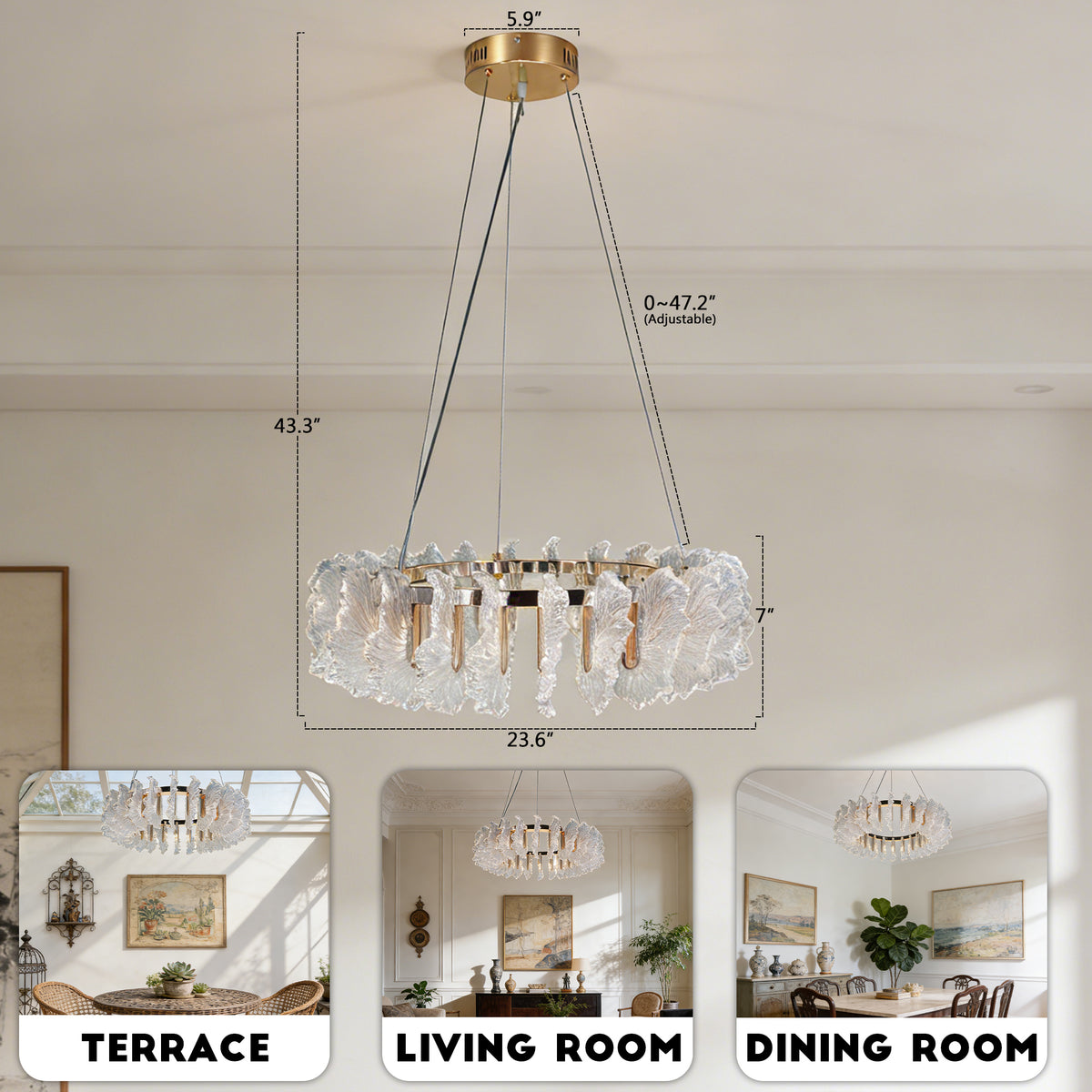 Murano Style Leaf Textured Glass Chandelier, Modern Luxury 3-Color Dimmable Pendant Light with Adjustable