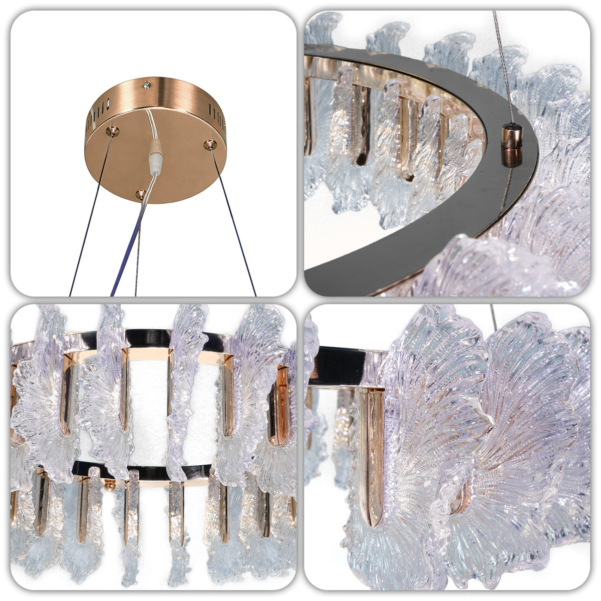 Murano Style Leaf Textured Glass Chandelier, Modern Luxury 3-Color Dimmable Pendant Light with Adjustable