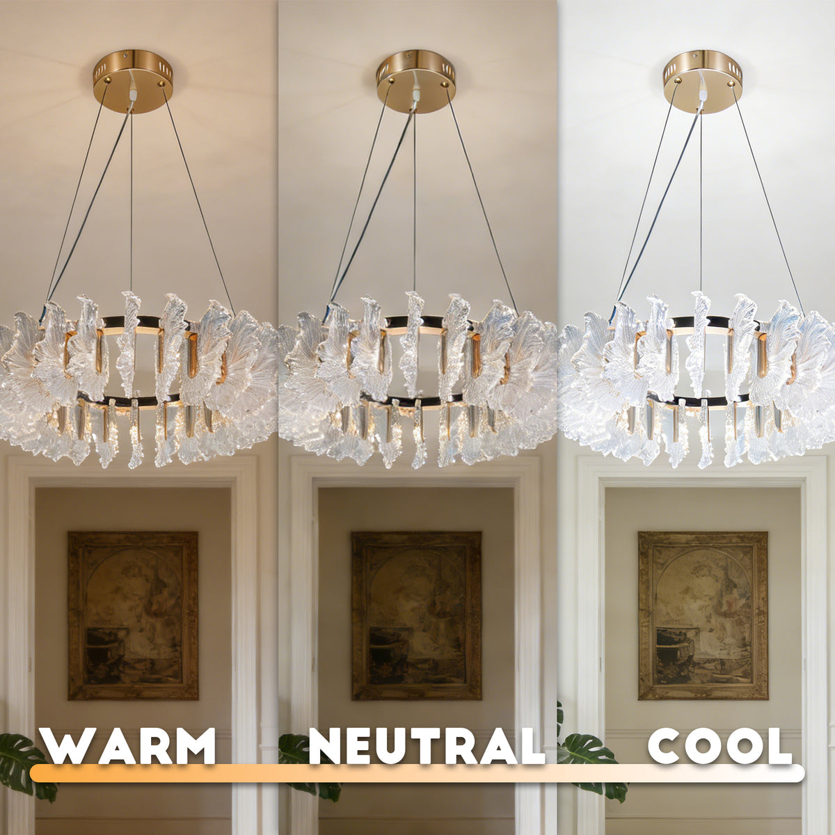 Murano Style Leaf Textured Glass Chandelier, Modern Luxury 3-Color Dimmable Pendant Light with Adjustable