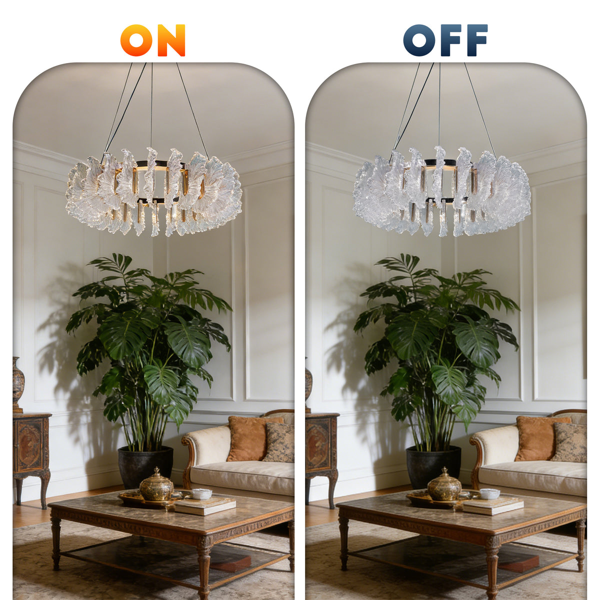 Murano Style Leaf Textured Glass Chandelier, Modern Luxury 3-Color Dimmable Pendant Light with Adjustable